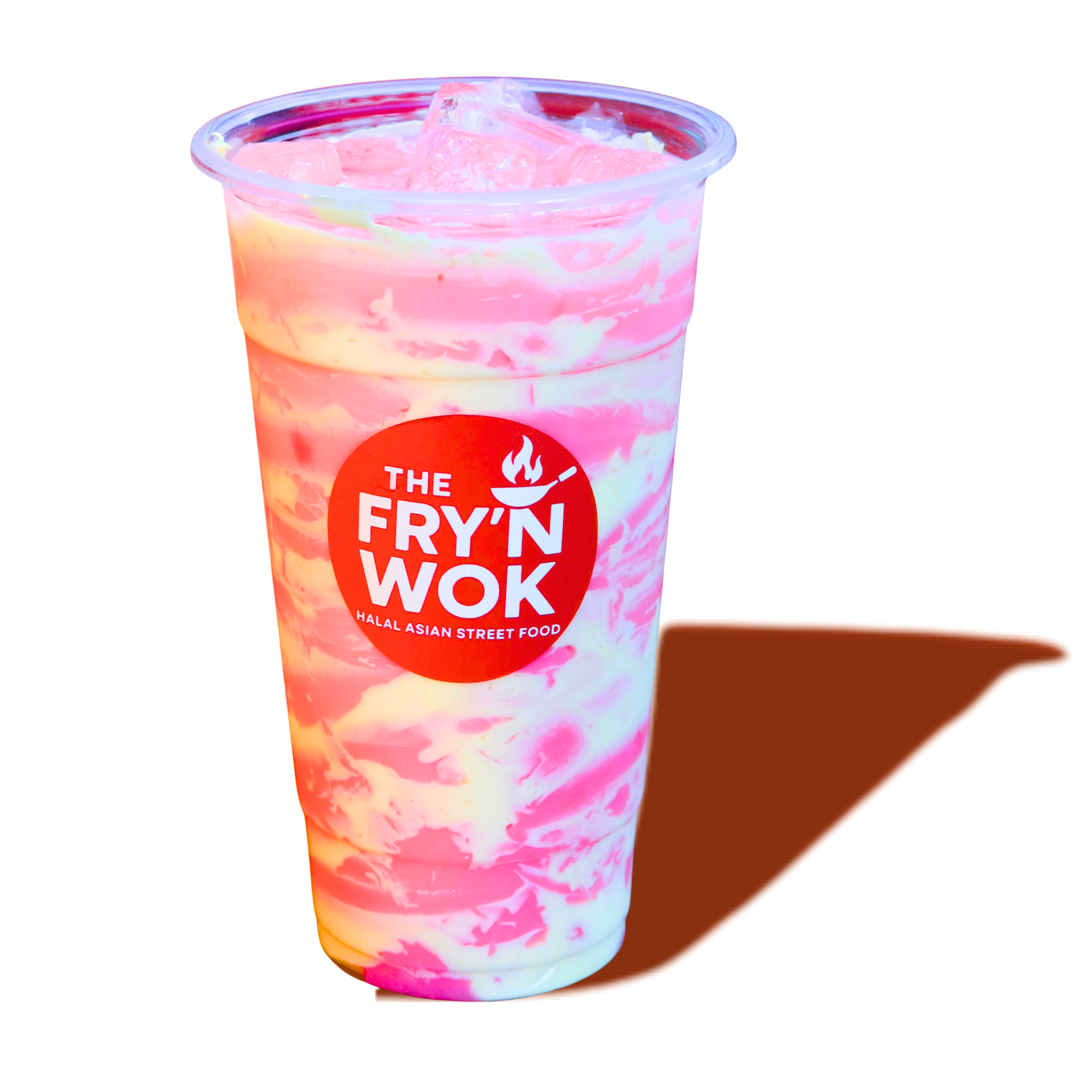 A tall plastic cup with marble pink and white swirls, filled with ice, featuring a red circular logo that reads 'The FRY'N WOK' and 'Halal Asian Street Food.'
