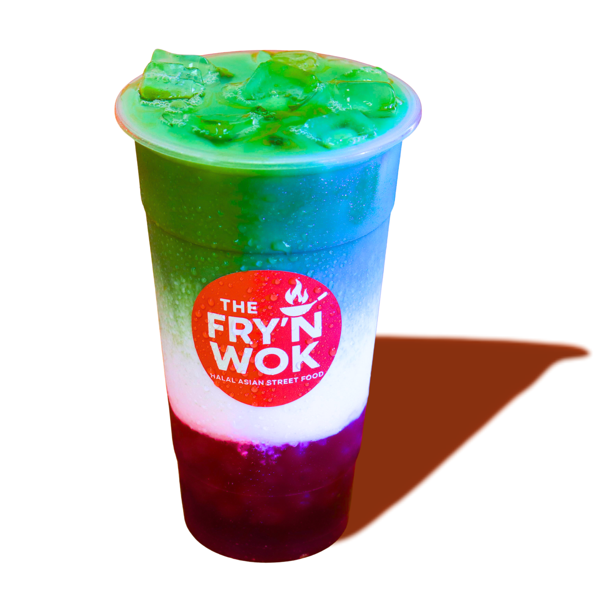 Colorful iced layered drink in a clear cup with The Fry'n Wok logo, placed on a dark surface with shadow.