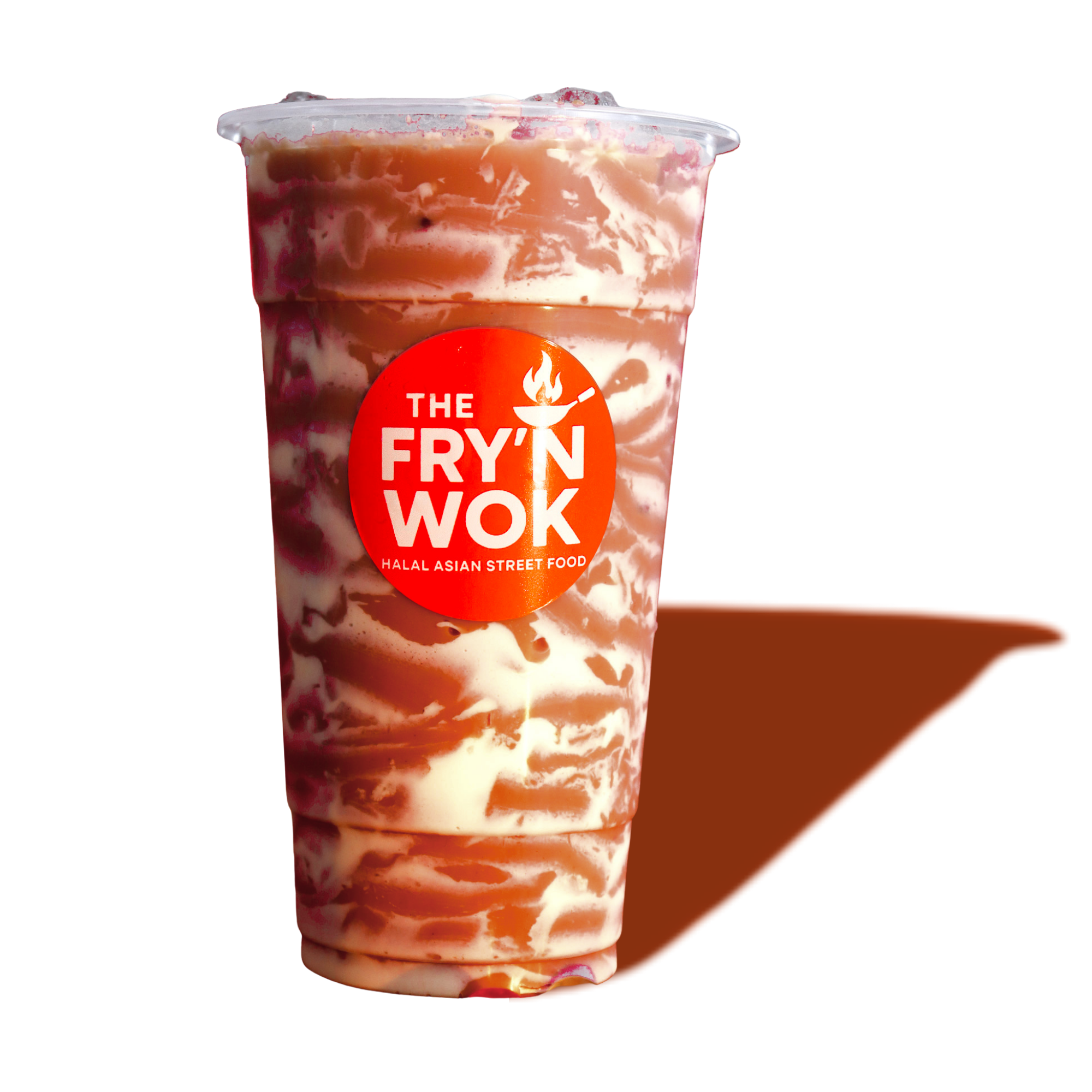 A cold beverage with swirled white and brown colors in a clear plastic cup labeled 'The Fry'n Wok,' a Halal Asian street food restaurant, against a black background.