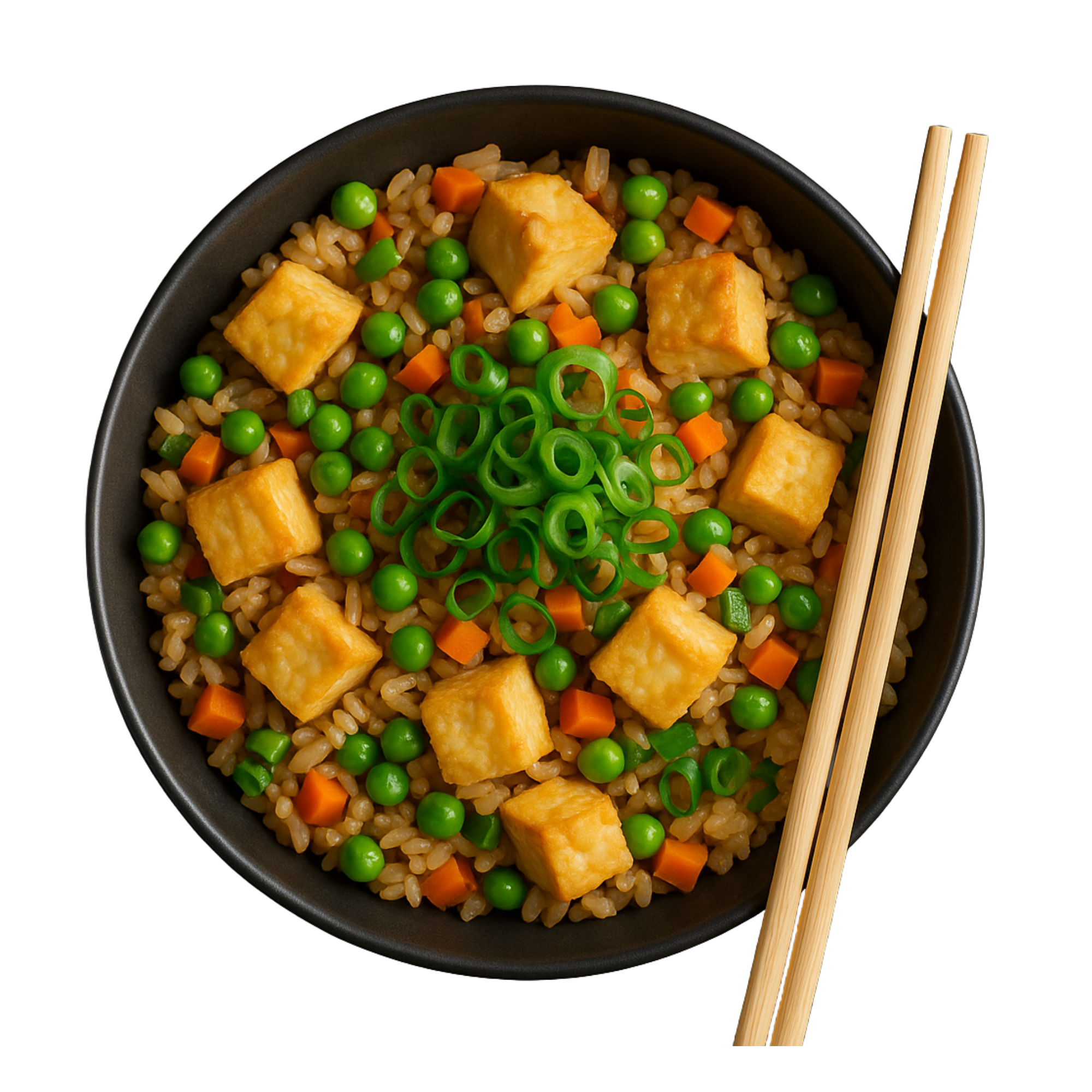 A black bowl filled with fried rice topped with green peas, diced carrots, chopped green onions, and fried tofu cubes, with chopsticks resting on the side.