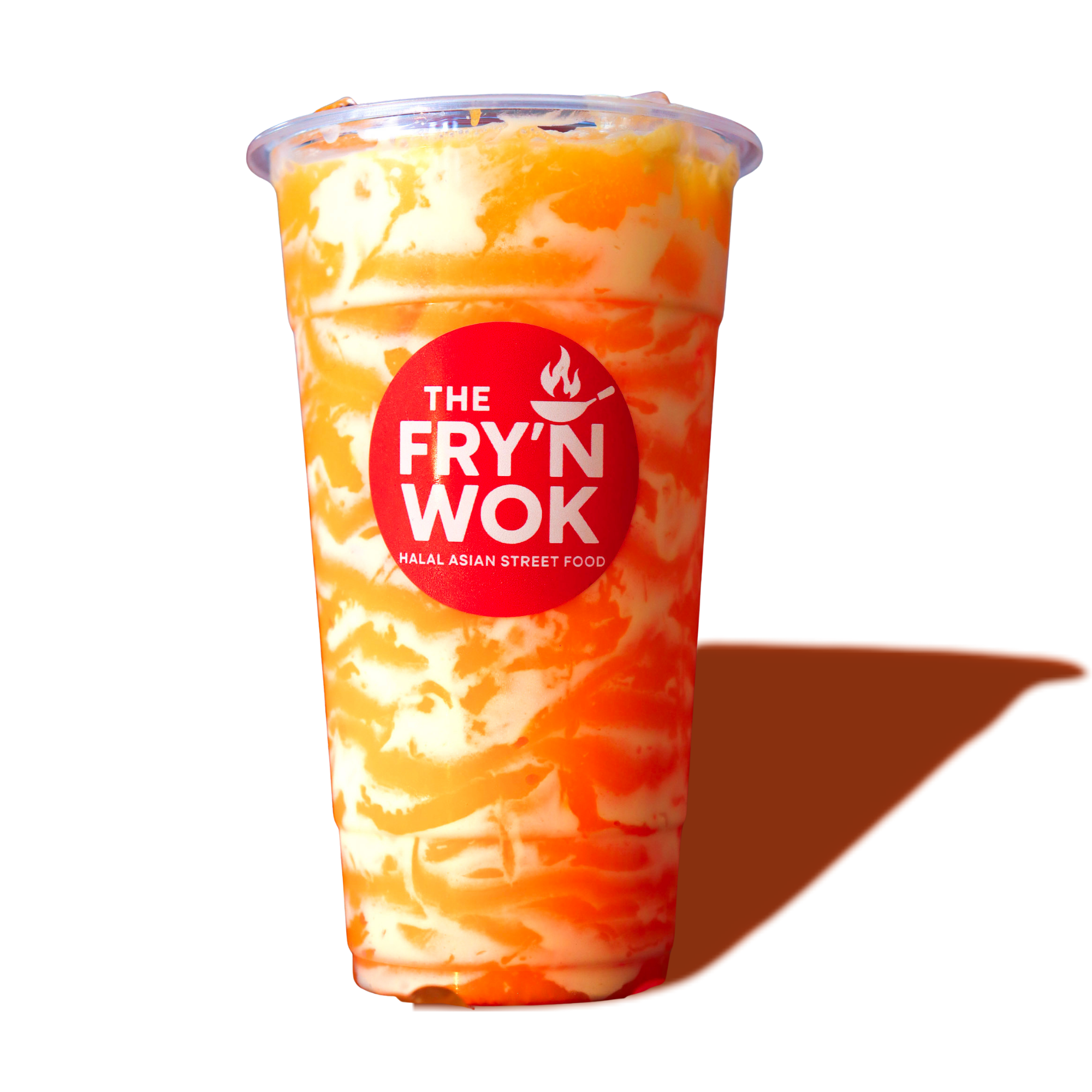 A plastic cup filled with a marbled orange and white beverage, bearing the logo of The Fry'n Wok, a halal Asian street food restaurant.