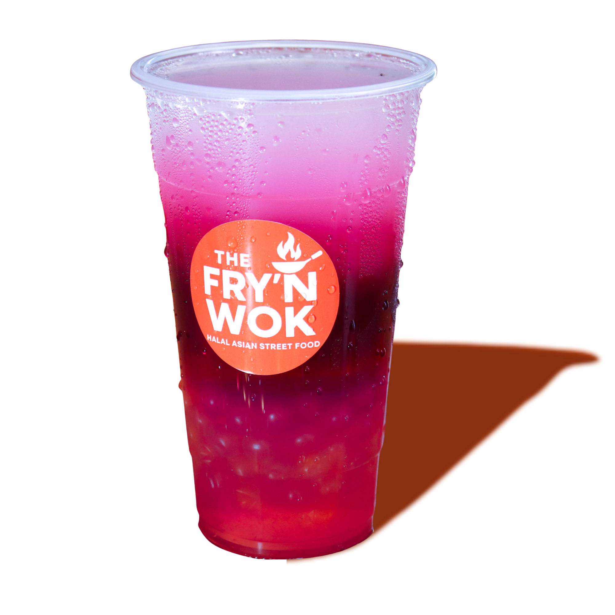 A cold beverage with a gradient from dark red at the bottom to light pink at the top in a clear plastic cup with condensation. A round orange sticker on the cup reads 'The Fry'n Wok Halal Asian Street Food'.