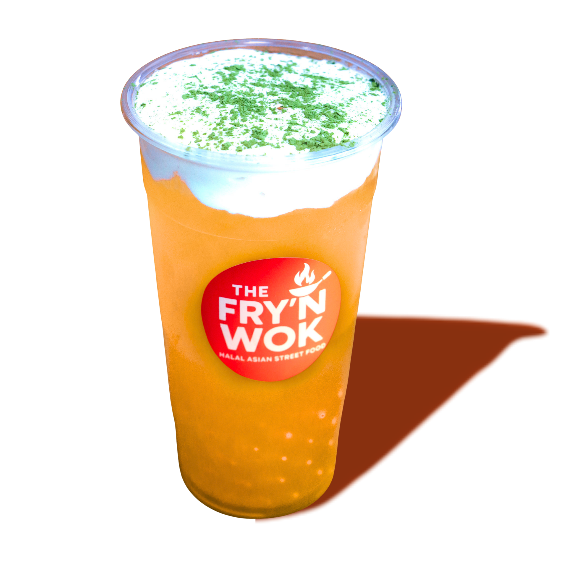 A large cup of orange-colored bubble tea with a white whipped topping sprinkled with green powder, displaying a red logo for 'The Fry N Wok' restaurant, on a black background with a shadow.