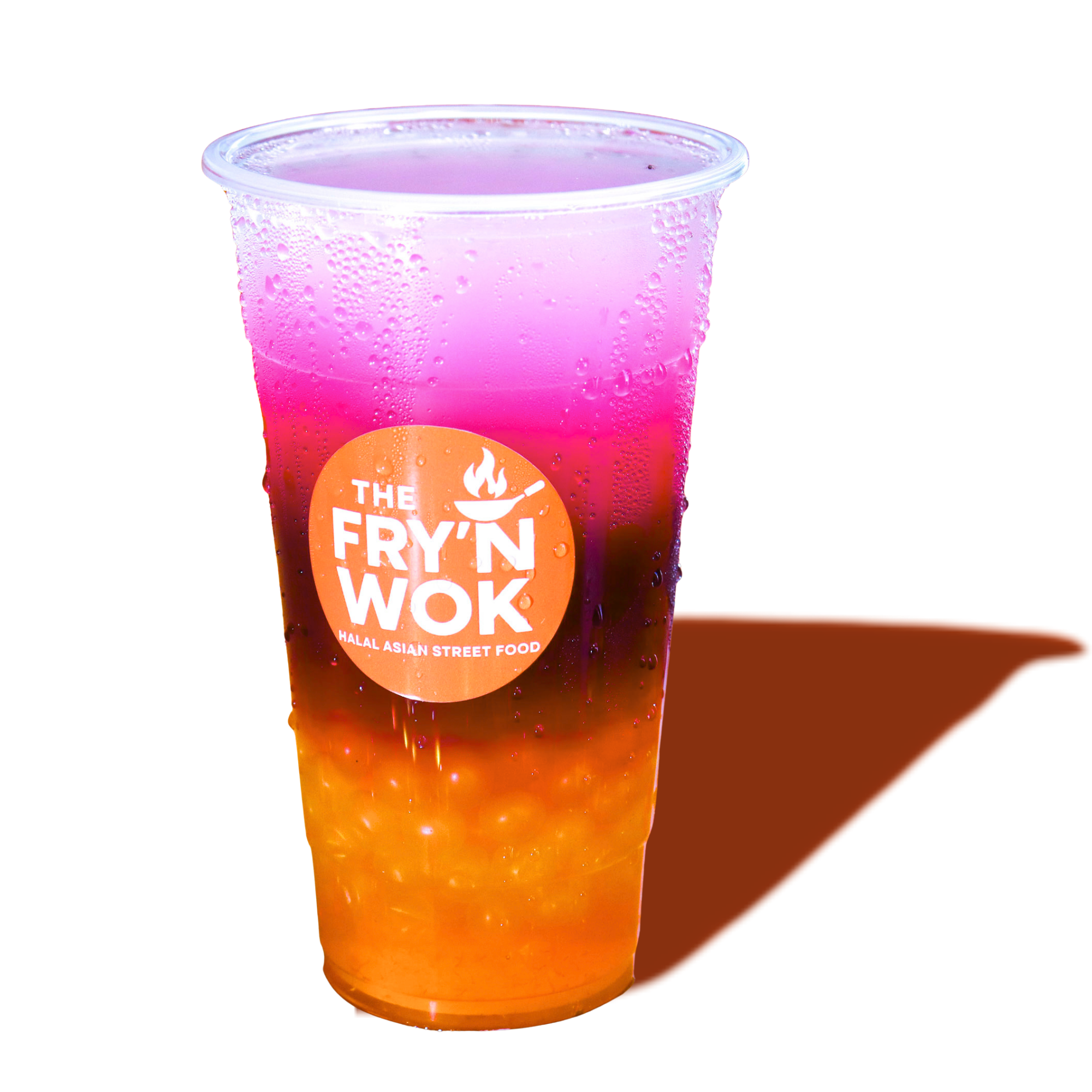 Plastic cup filled with a dark brown iced beverage, condensation on the outside, with a round orange logo that reads 'The Fry'n Wok, Halal Asian Street Food'.