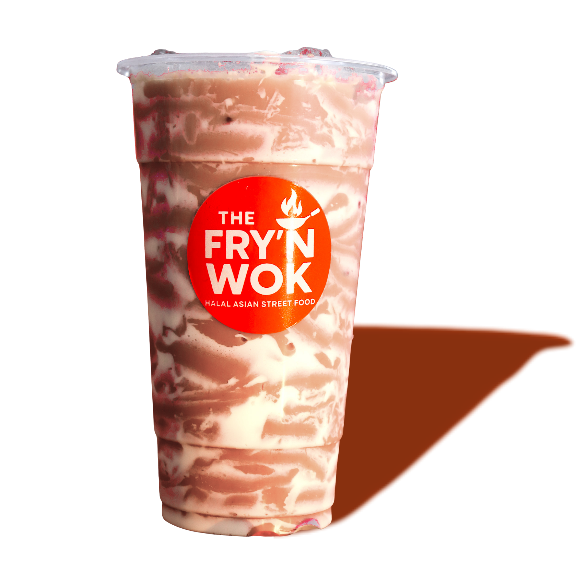 A plastic cup of ice blended drink with a red logo reading "The Fry'n Wok Halal Asian Street Food" is placed on a dark background with a brown napkin underneath.