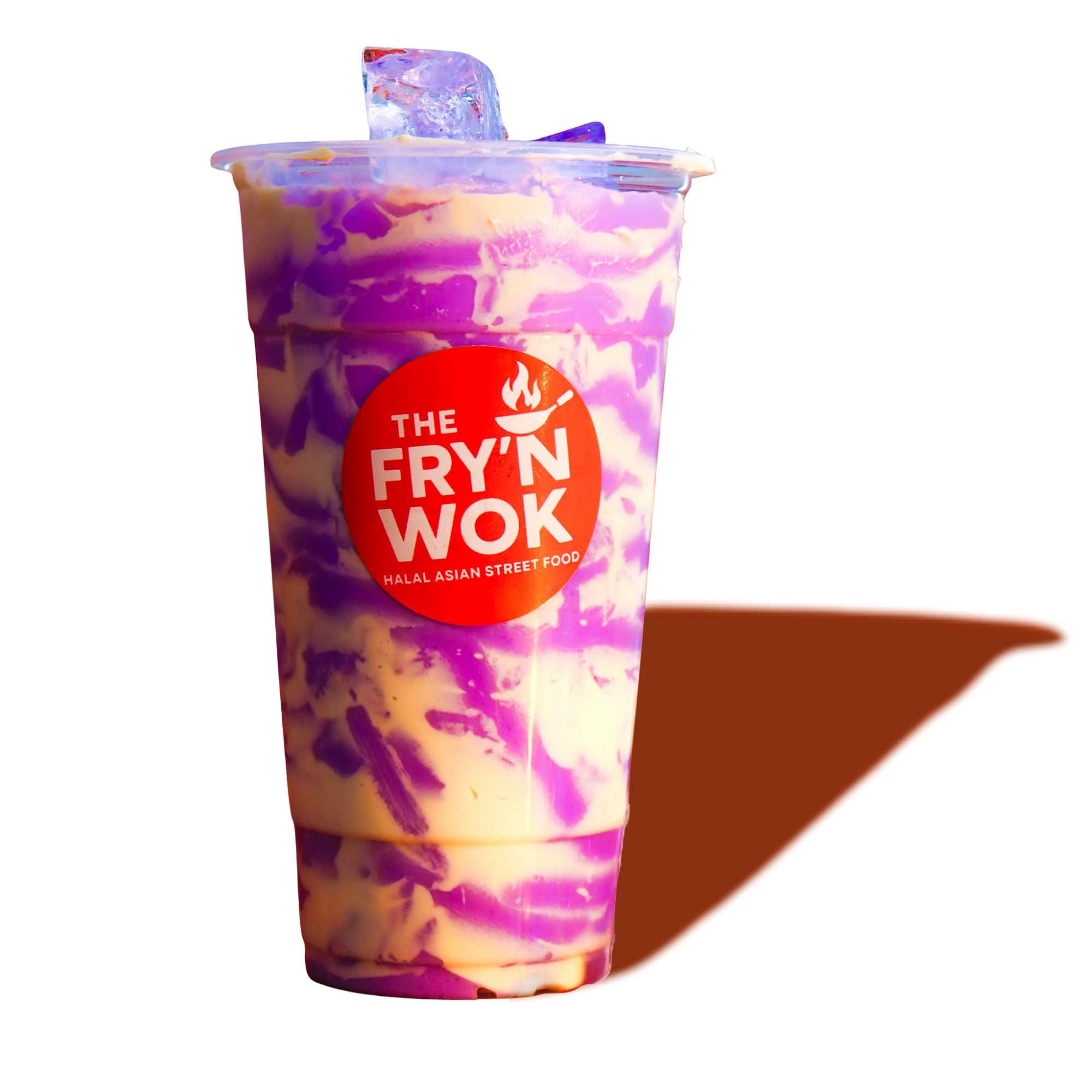 A plastic cup filled with a marbled purple and white beverage, with ice cubes on top, from The Fry'n Wok restaurant. The cup has a red circular logo with white text and a small icon of a bowl with steam and a spoon, indicating halal Asian street food.