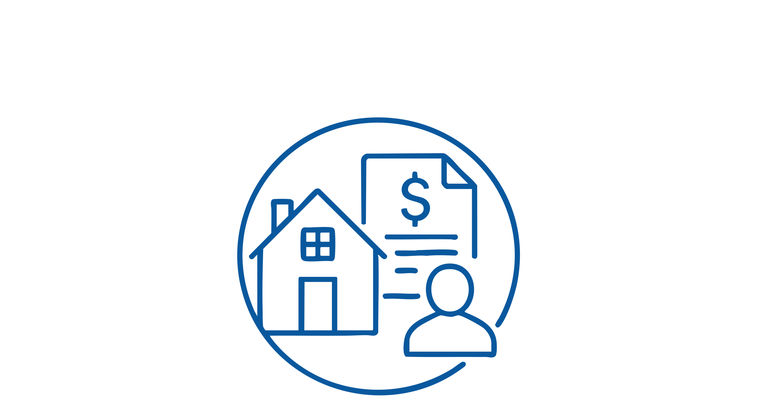 Outline icon of a house, a dollar bill, and a person, all enclosed in a circle, representing real estate financial transactions.