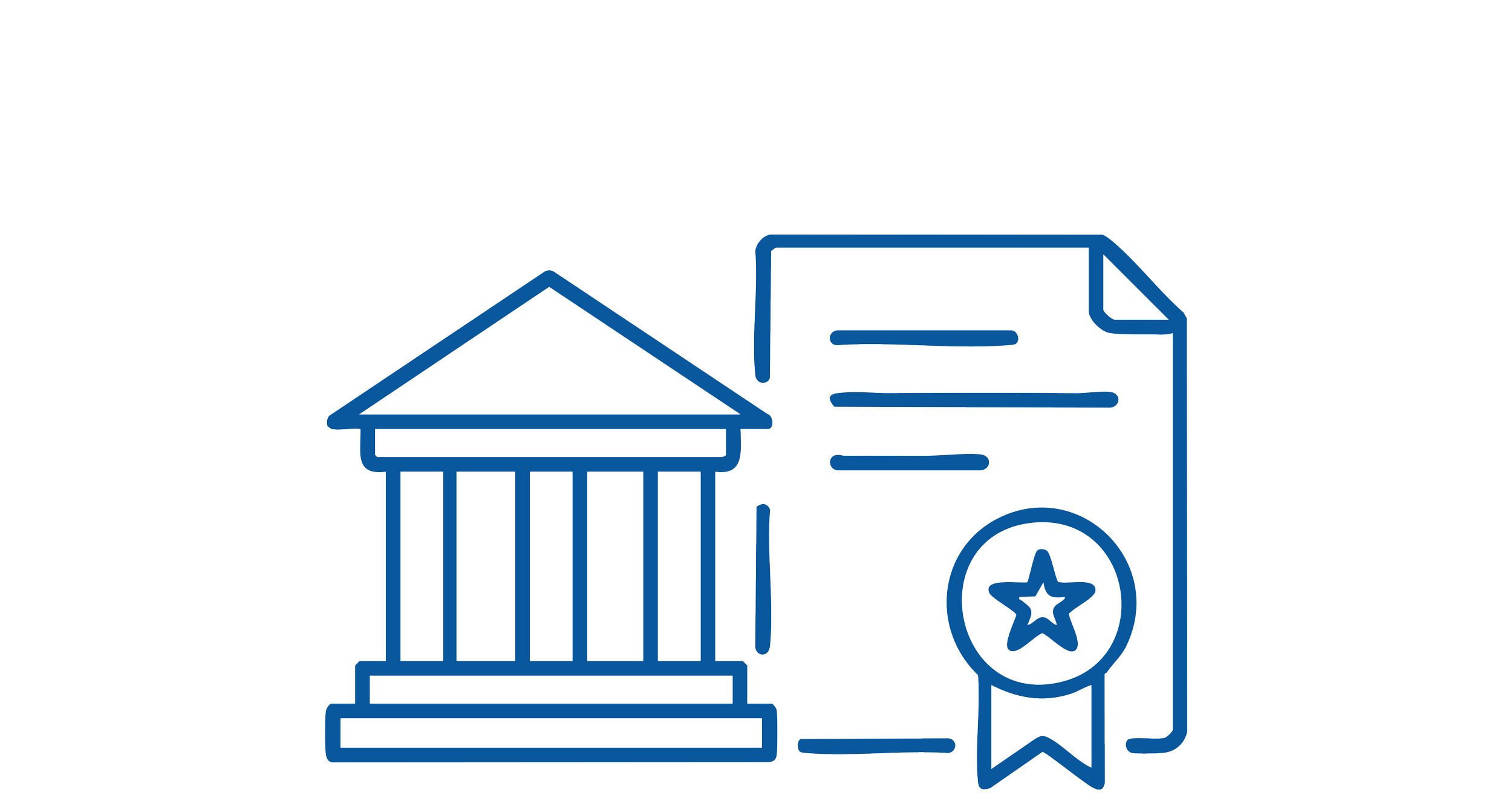 Line drawing of a government building, a document, and a medal or award ribbon.