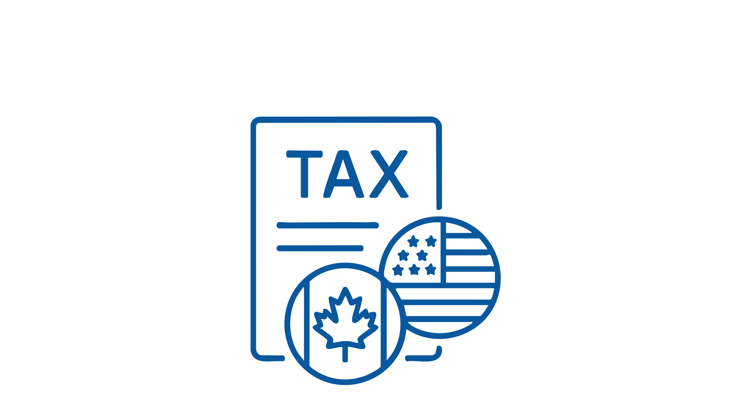 Outline of a tax document with the word 'TAX' and two pie charts, one with a maple leaf and the other with stars and stripes, representing Canadian and American flags.