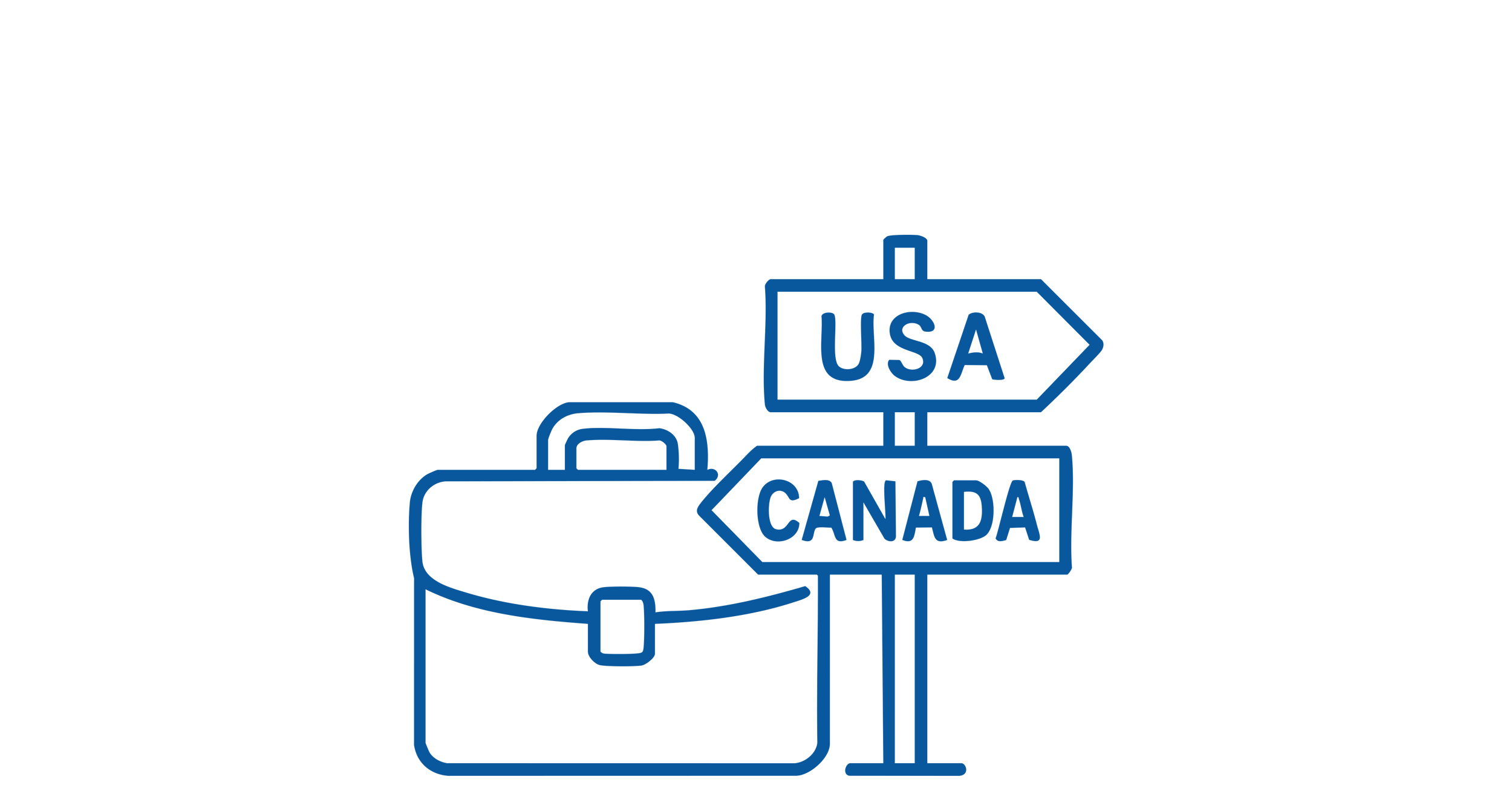 Outline of a briefcase and a signpost with two arrows pointing in opposite directions, labeled 'USA' and 'CANADA', symbolizing travel or immigration between the two countries.