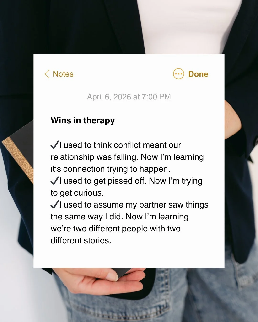 Sometimes therapy looks like big breakthroughs but often it looks like small shifts in perspective.

&rarr;Learning that conflict doesn&rsquo;t mean your relationship is doomed.

&rarr;Learning how to slow down, breath, and work on your reactions.

&