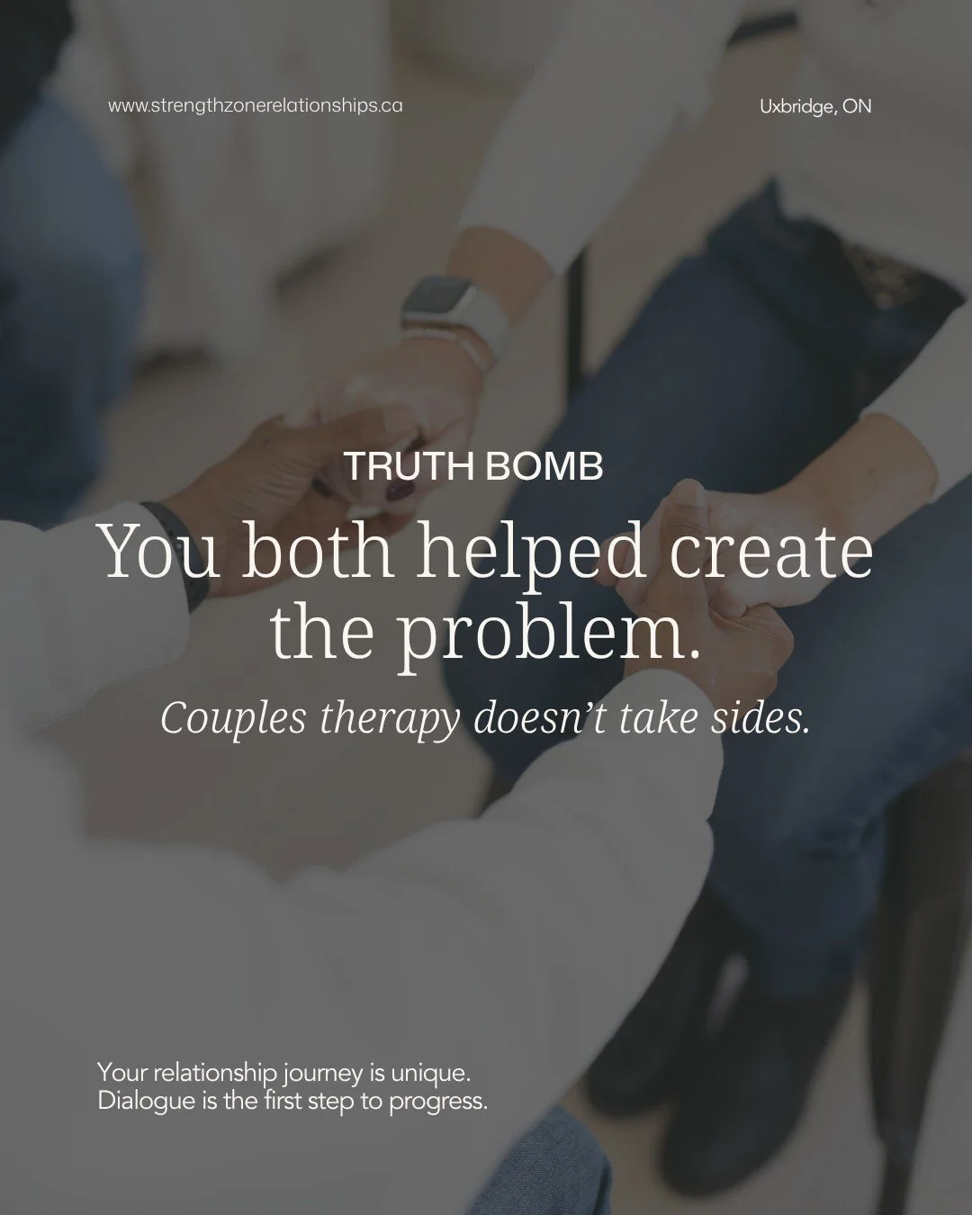 In couples therapy, we&rsquo;re not here to decide who&rsquo;s right.

We&rsquo;re here to look at what&rsquo;s happening between you. And, you might not love hearing it, but, usually, you both play a role in the state of your relationship. Not in a 
