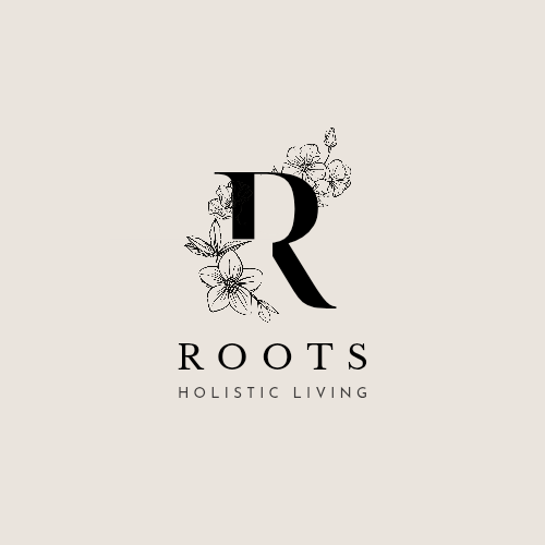 Logo with a large letter R surrounded by floral illustrations, with the words ROOTS and HOLISTIC LIVING beneath.