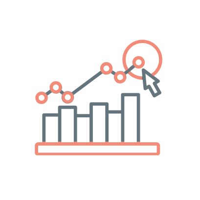 Graph with ascending bars and a line chart with data points, with a cursor pointing to the highest point.