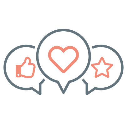 Icons of a thumbs up, a heart, and a star inside speech bubbles.