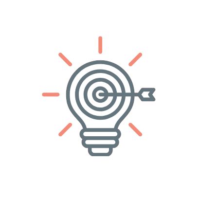 Light bulb with a target and arrow inside, surrounded by lines indicating an idea or innovation.
