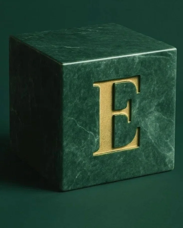 A green marble cube with a large gold letter 'E' on the front.