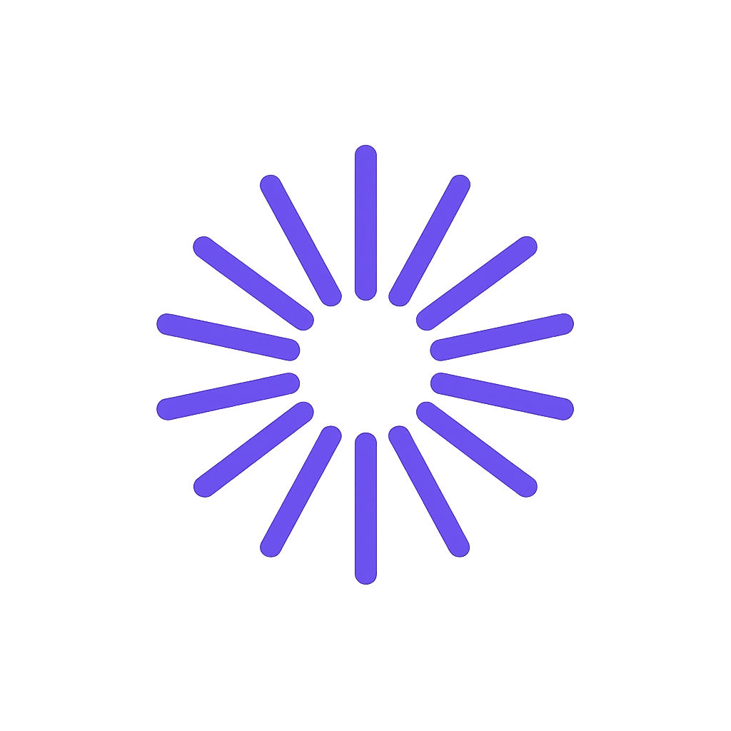 A circular loading icon with purple radial lines on a black background.