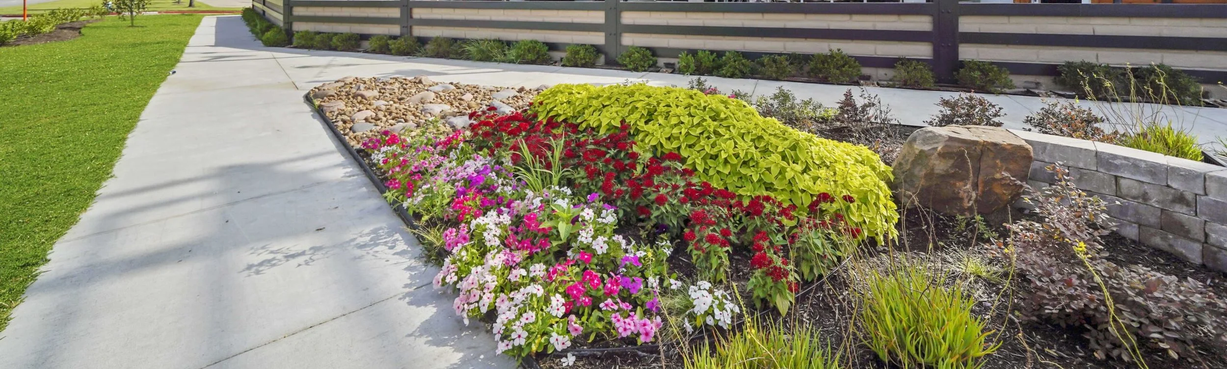 Colorful flower bed along a sidewalk with various pink, white, red, and purple flowers, green bushes, and a stone border.