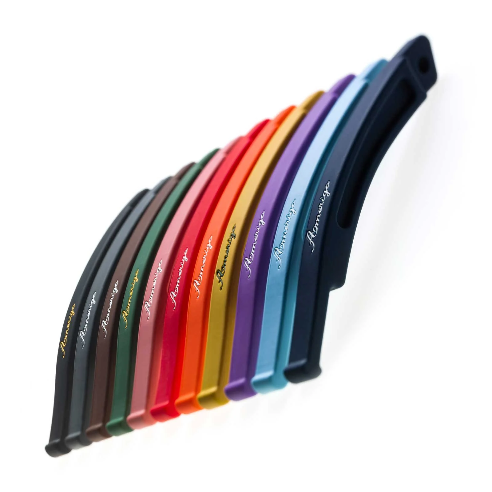 Row of Amerigo stirrup arms in multiple colors, displayed in a fan arrangement against a white background