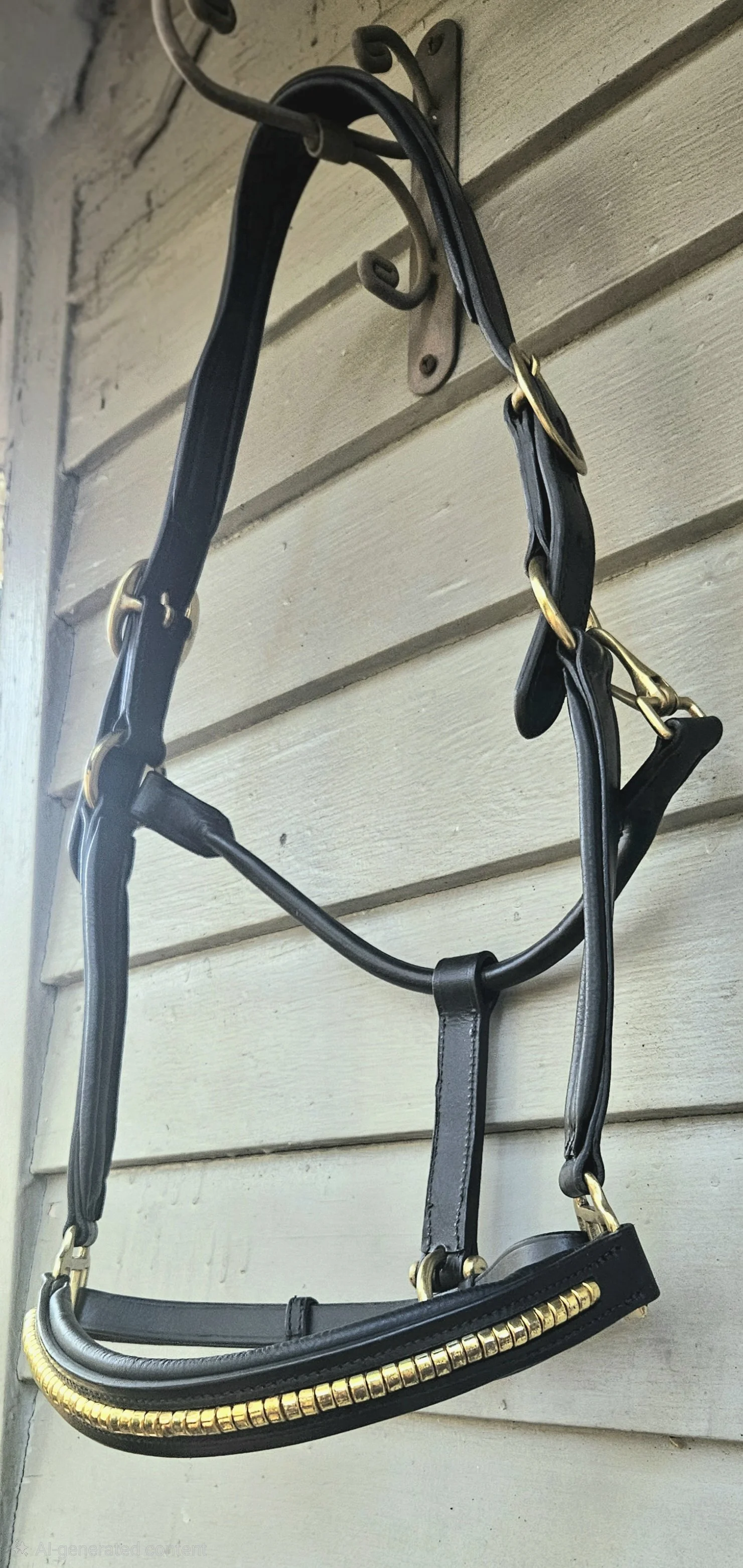 Makebe Clincher Halter hanging on wood wall, showing black Italian leather with gold clincher detailing and brass hardware.