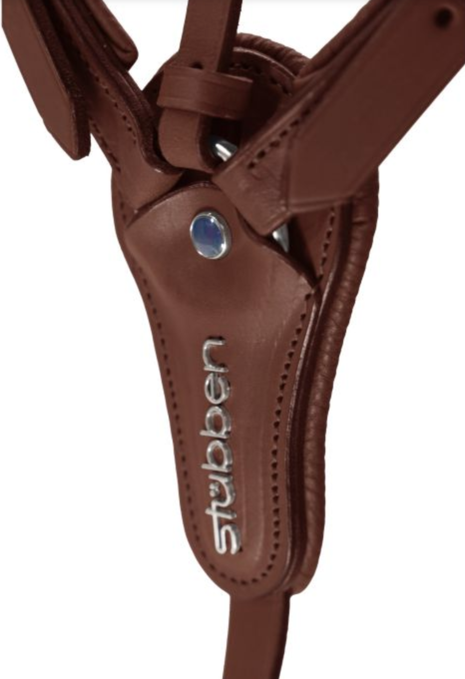 Close‑up of Stübben breastplate center junction with stitching, rivet, and embossed logo