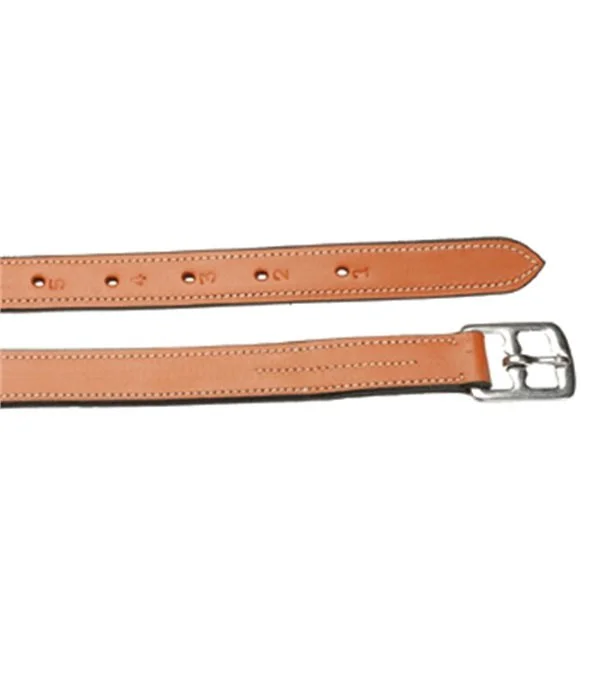Jack’s brown nylon‑lined stirrup leathers laid flat showing buckle and adjustment holes.”