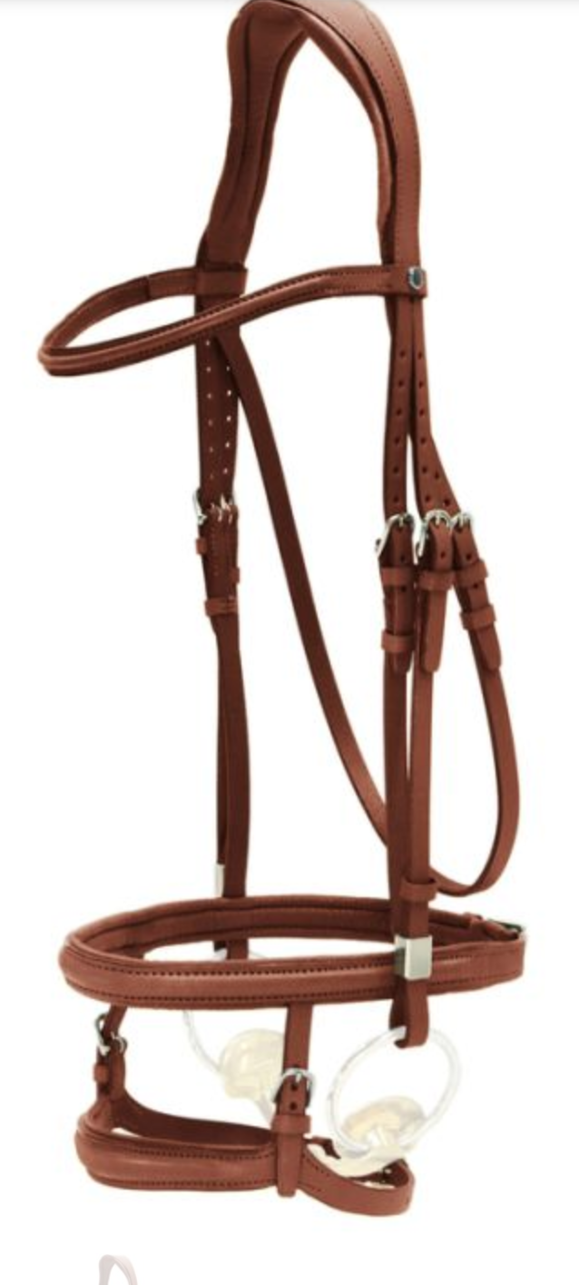 Brown anatomical horse bridle with bit and unique cheek attachments