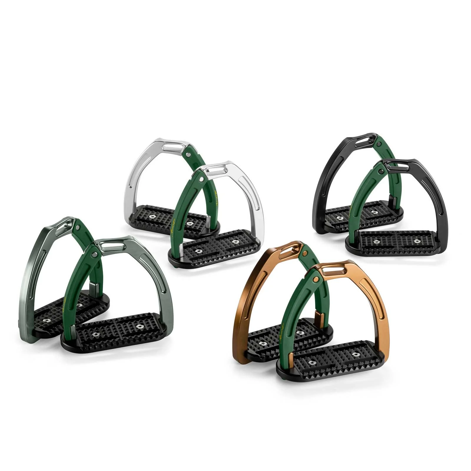 Assorted Amerigo safety stirrups in metallic silver, green, bronze, and black, displayed in pairs on white background.
