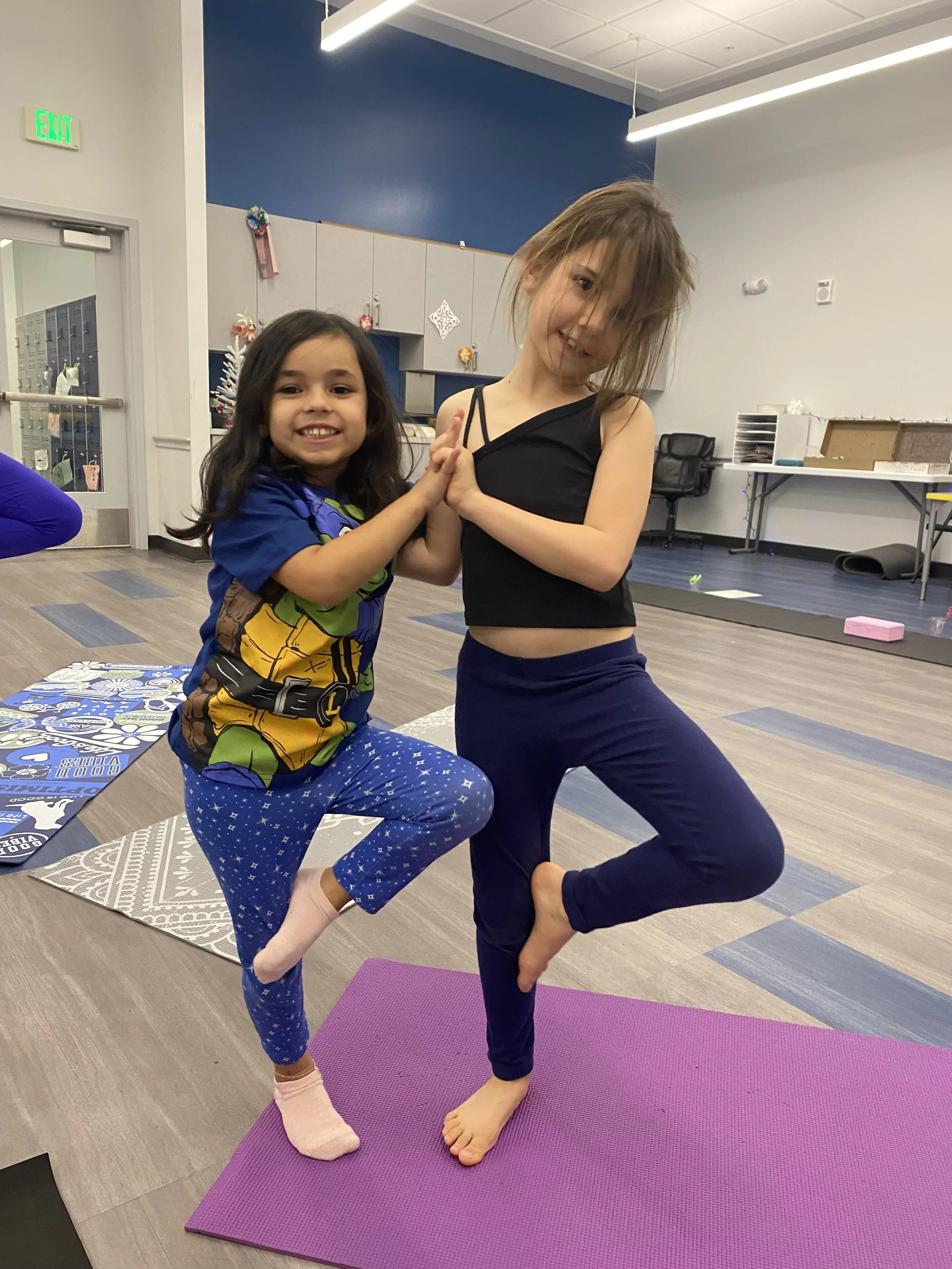 Two young girls practicing yoga or stretching on yoga mats in a room, holding hands and balancing on one leg each.
