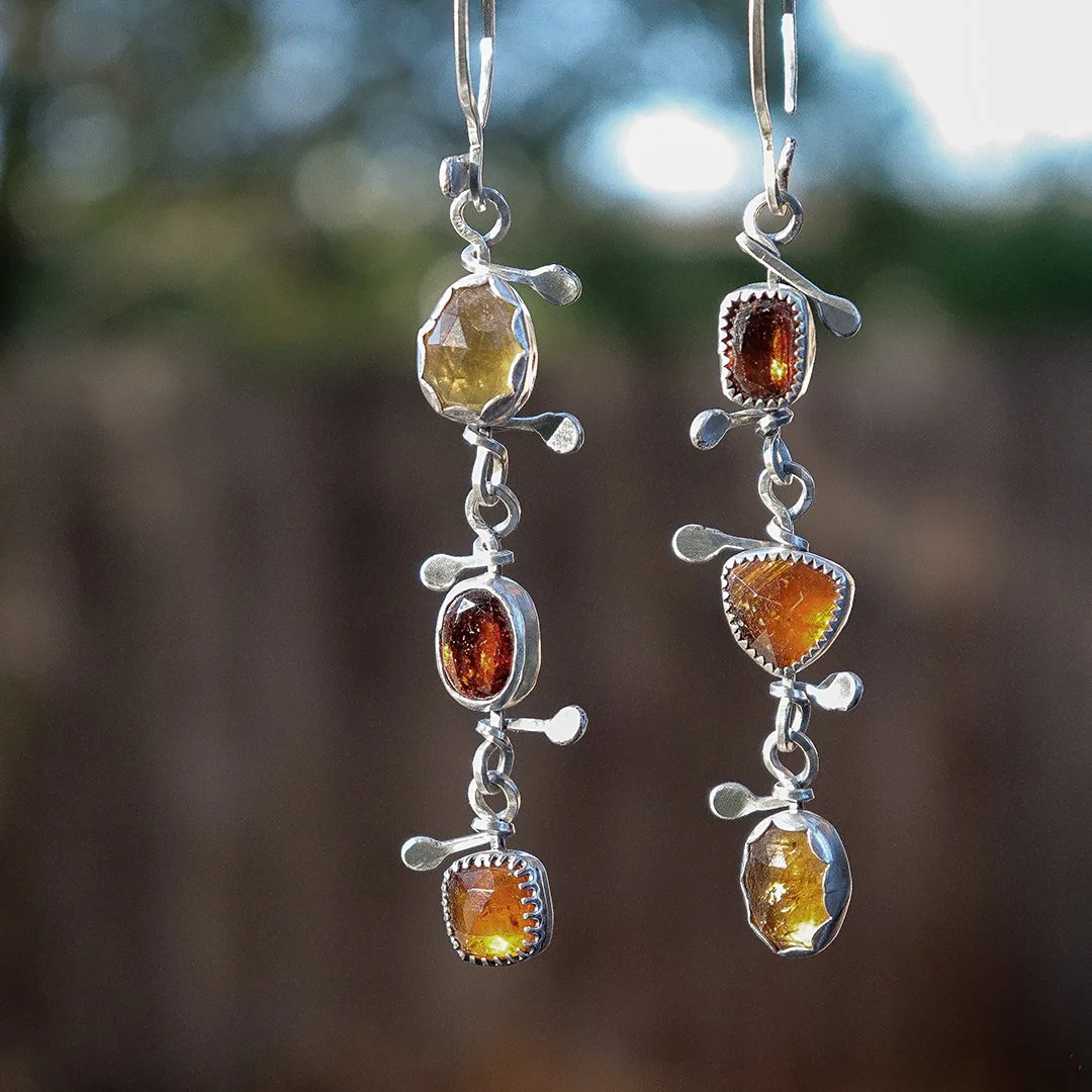 Artisan sterling silver earrings with hessonite garnet and citrine stones