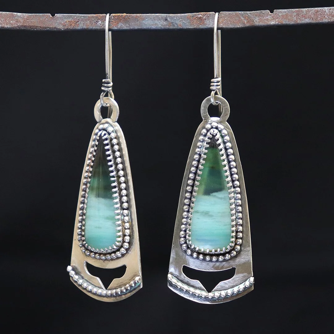 Sterling silver teardrop earrings with green-blue opalized wood stones