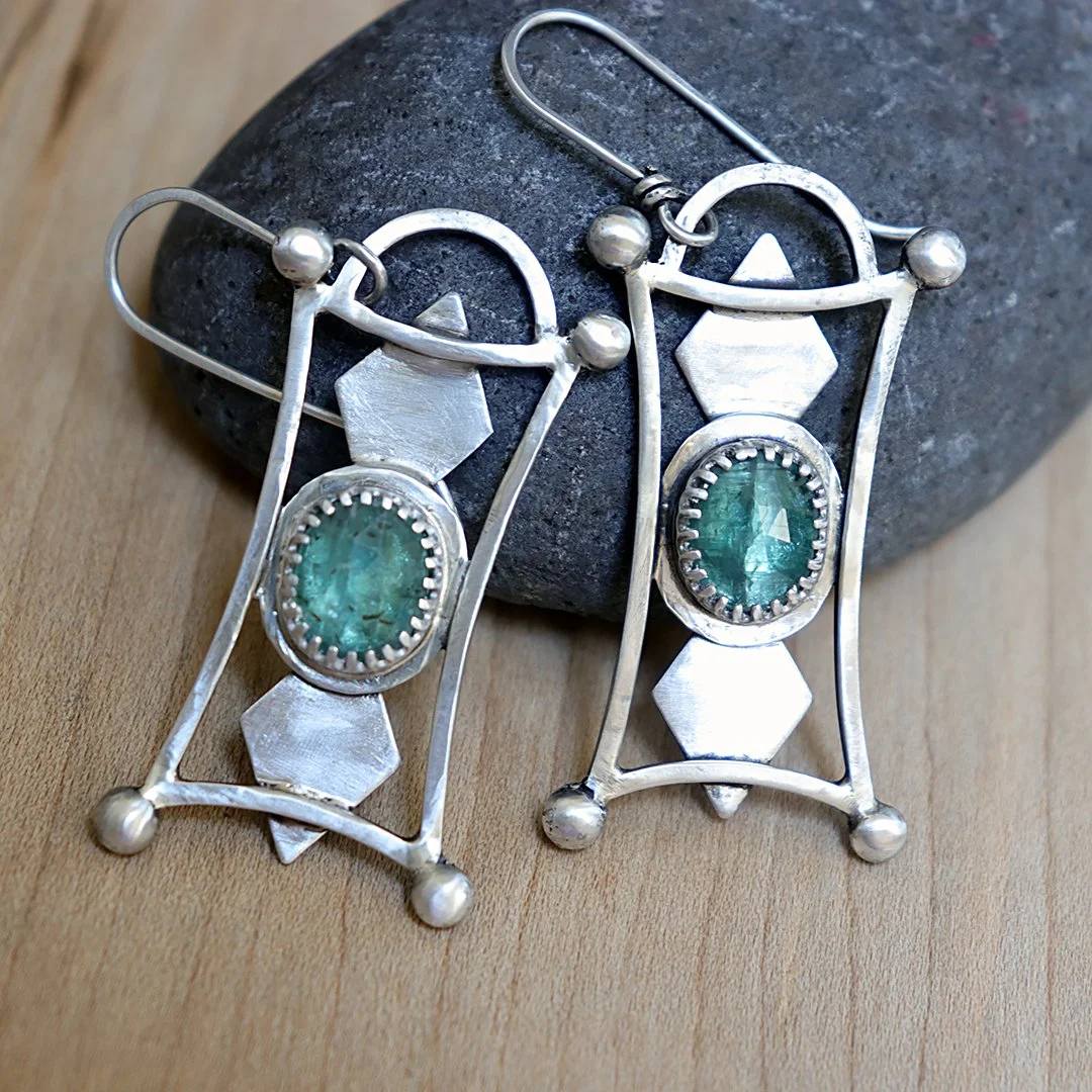 Handmade green kyanite drop earrings in sculptural silver setting