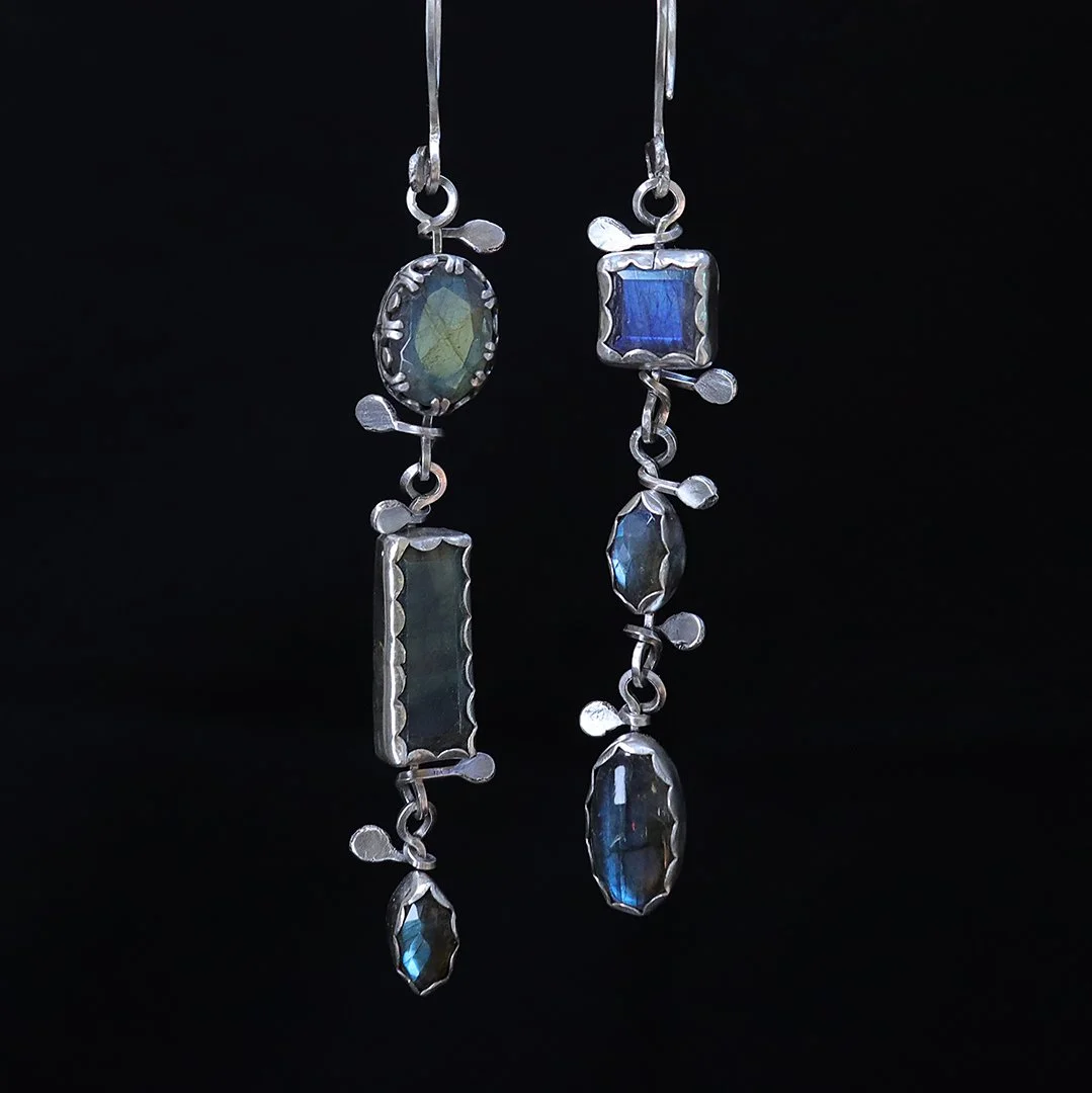 Long sterling silver earrings with faceted labradorite gemstones
