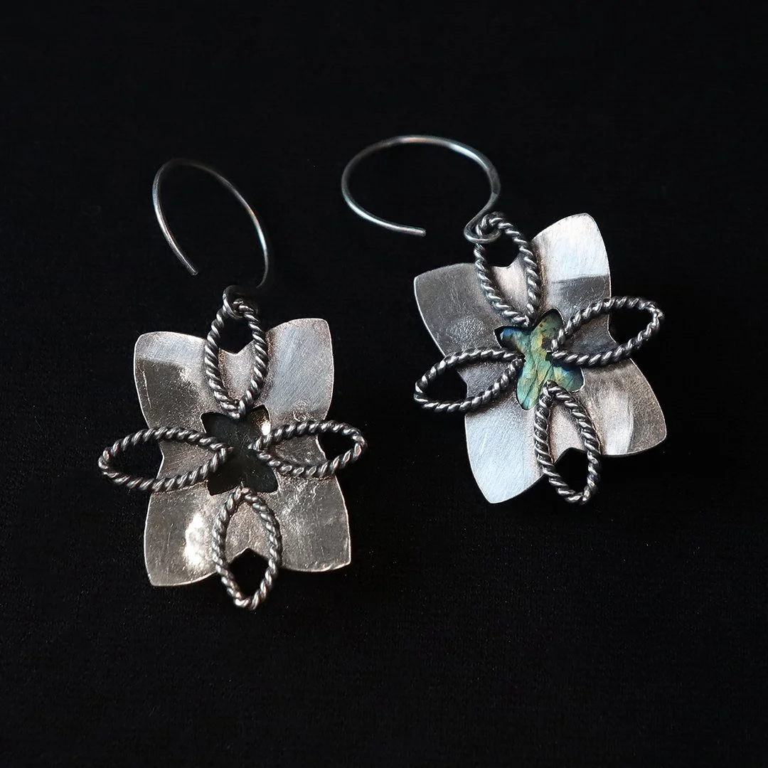 Artisan silver quatrefoil earrings featuring labradorite