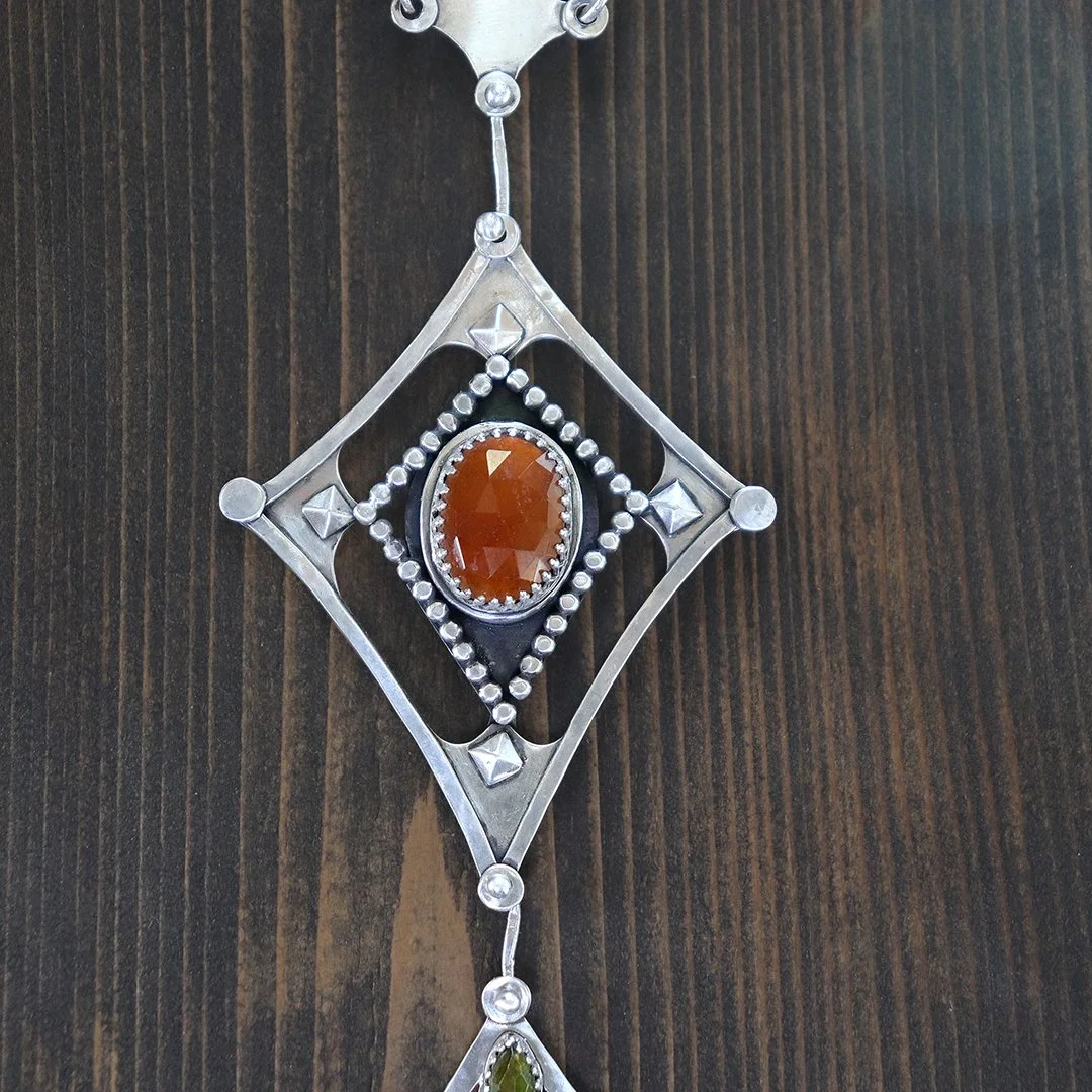 Long vertical gemstone necklace with handmade silver chain