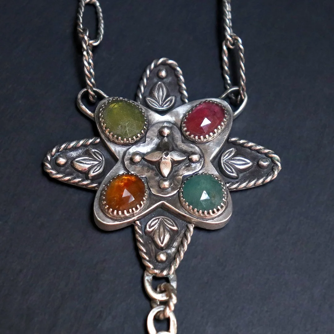 Long handcrafted silver necklace with medieval-inspired multi-gem statement pendant