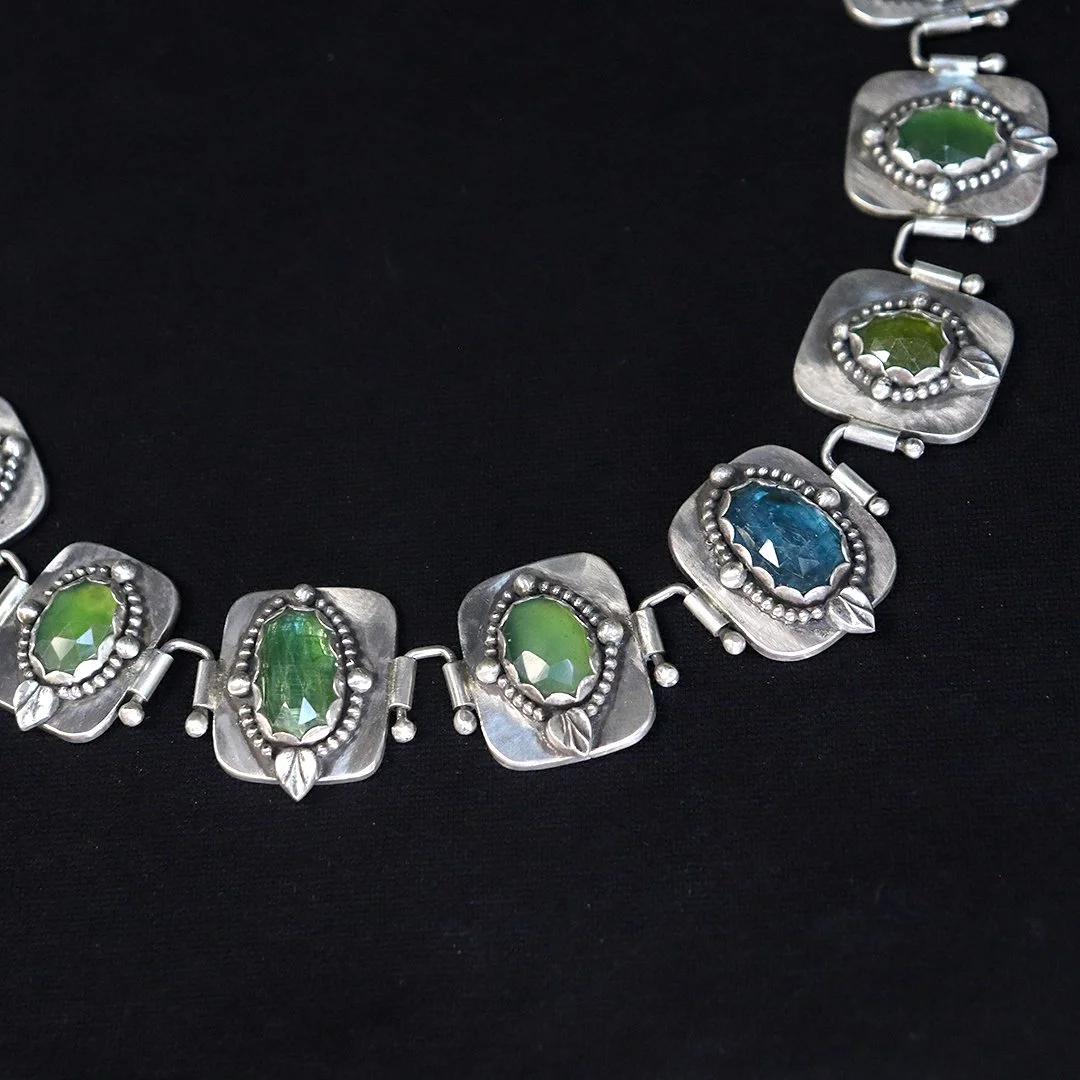 Handmade multi-gem sterling silver necklace with green and blue stones