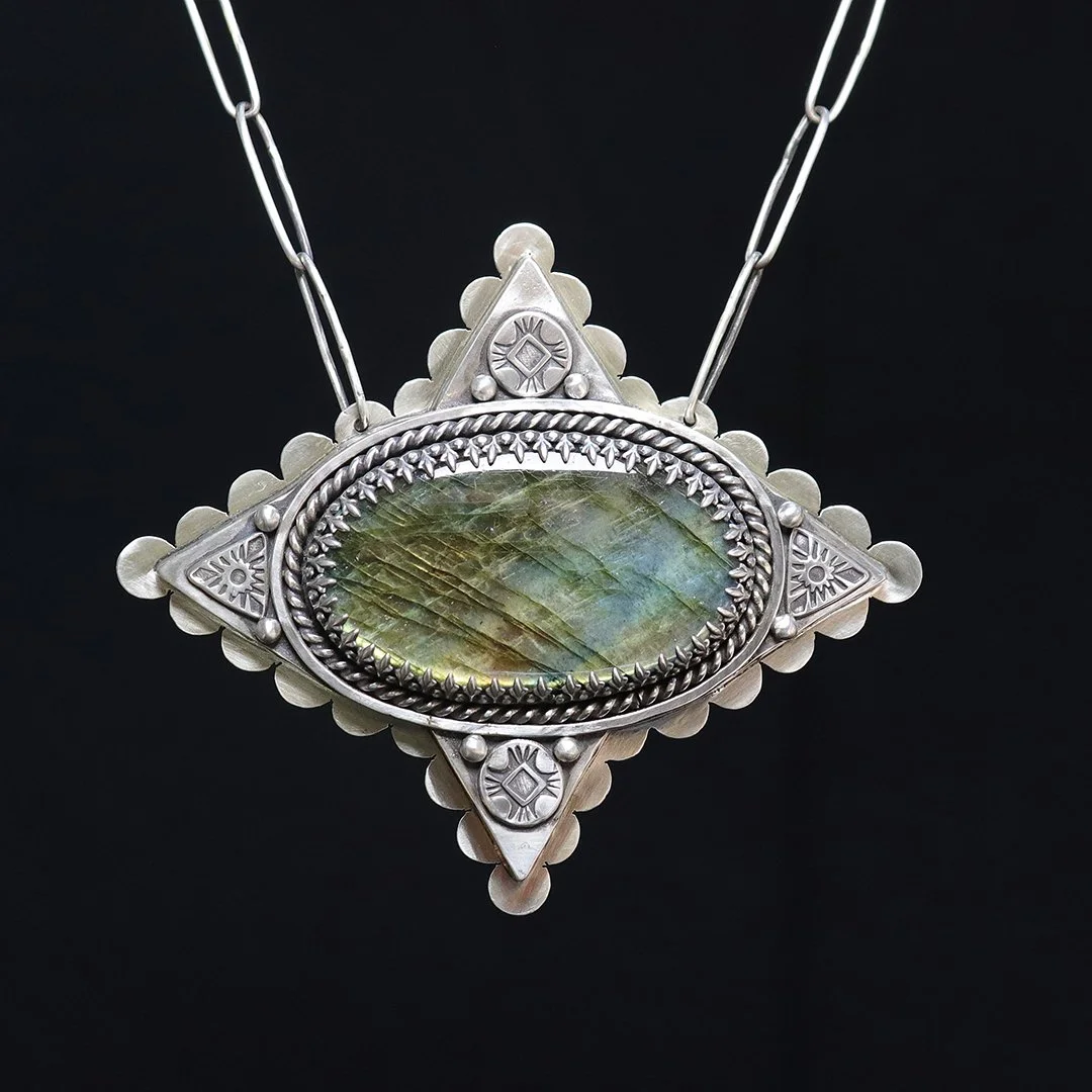 One-of-a-kind sterling silver pendant with labradorite and handmade chain