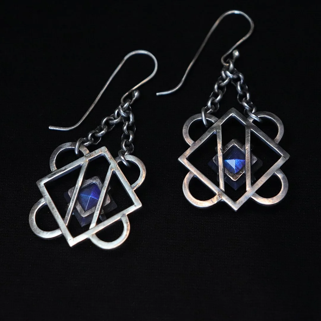 Geometric sterling silver earrings with labradorite in open frame design