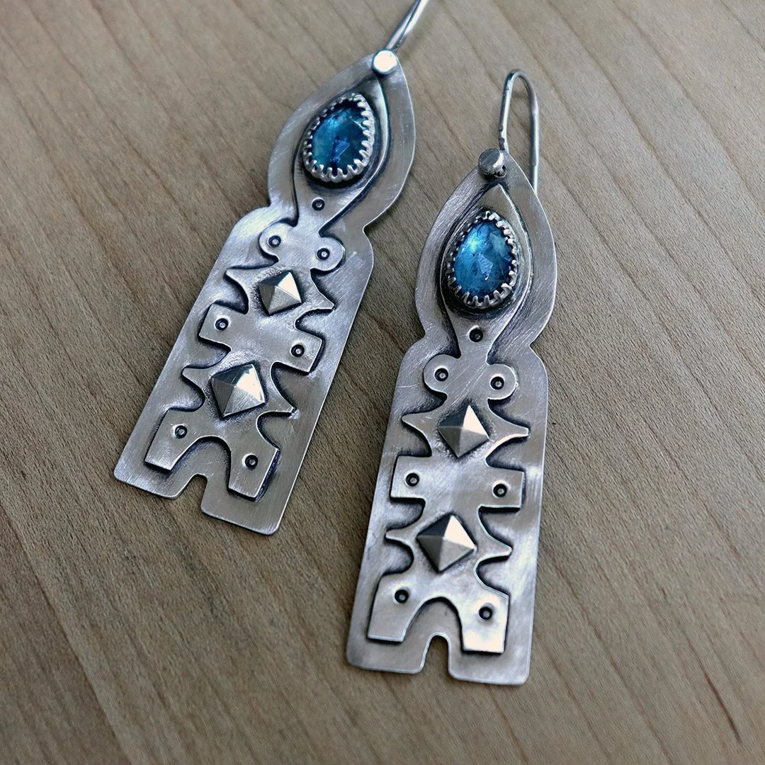 One-of-a-kind sterling silver totem earrings with faceted blue kyanite
