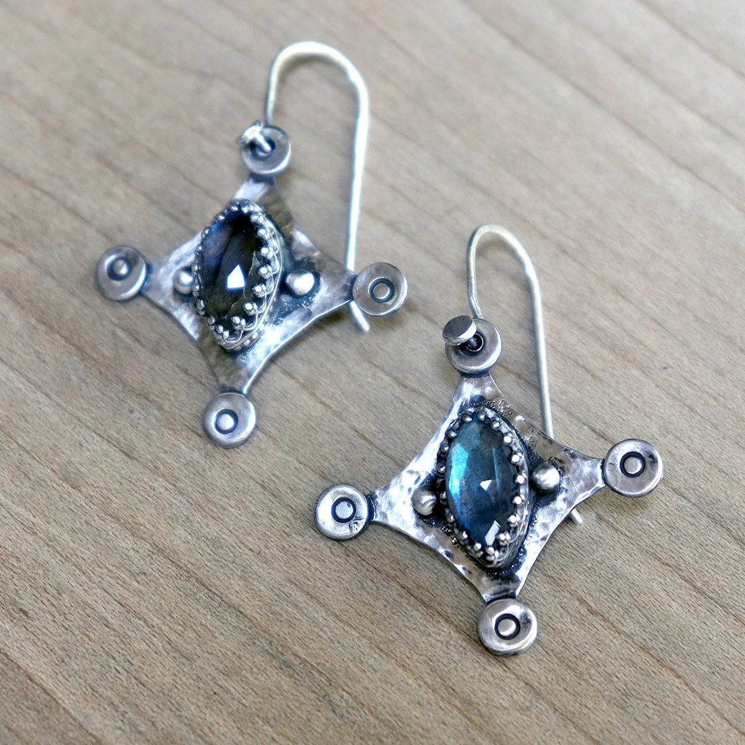 Handmade silver earrings with blue flash labradorite