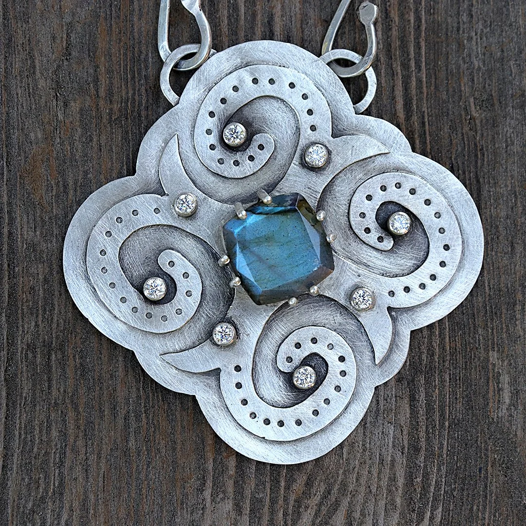 Handcrafted labradorite pendant with cz accents in brushed silver