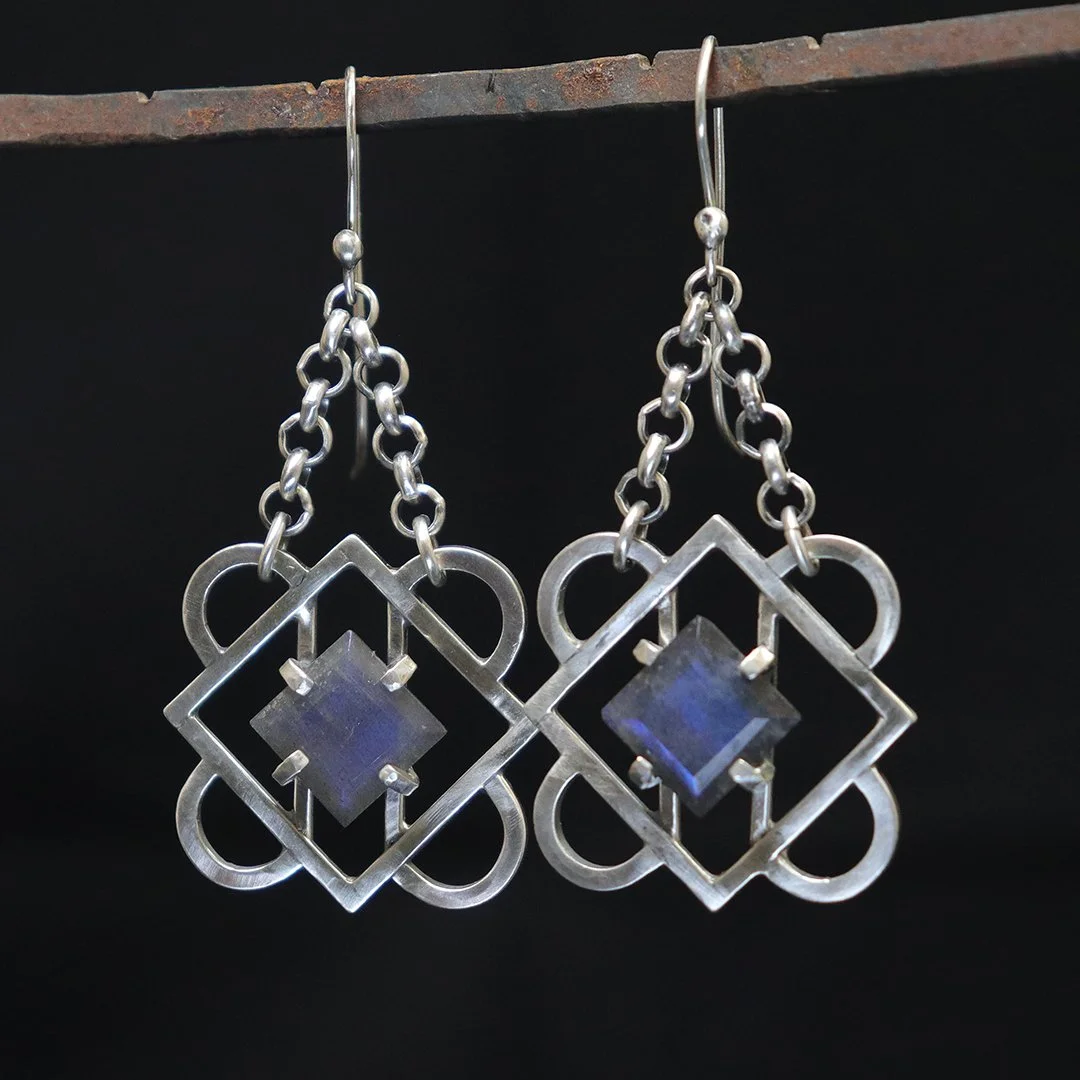 Hand-fabricated sterling silver quatrefoil earrings with square labradorite stones
