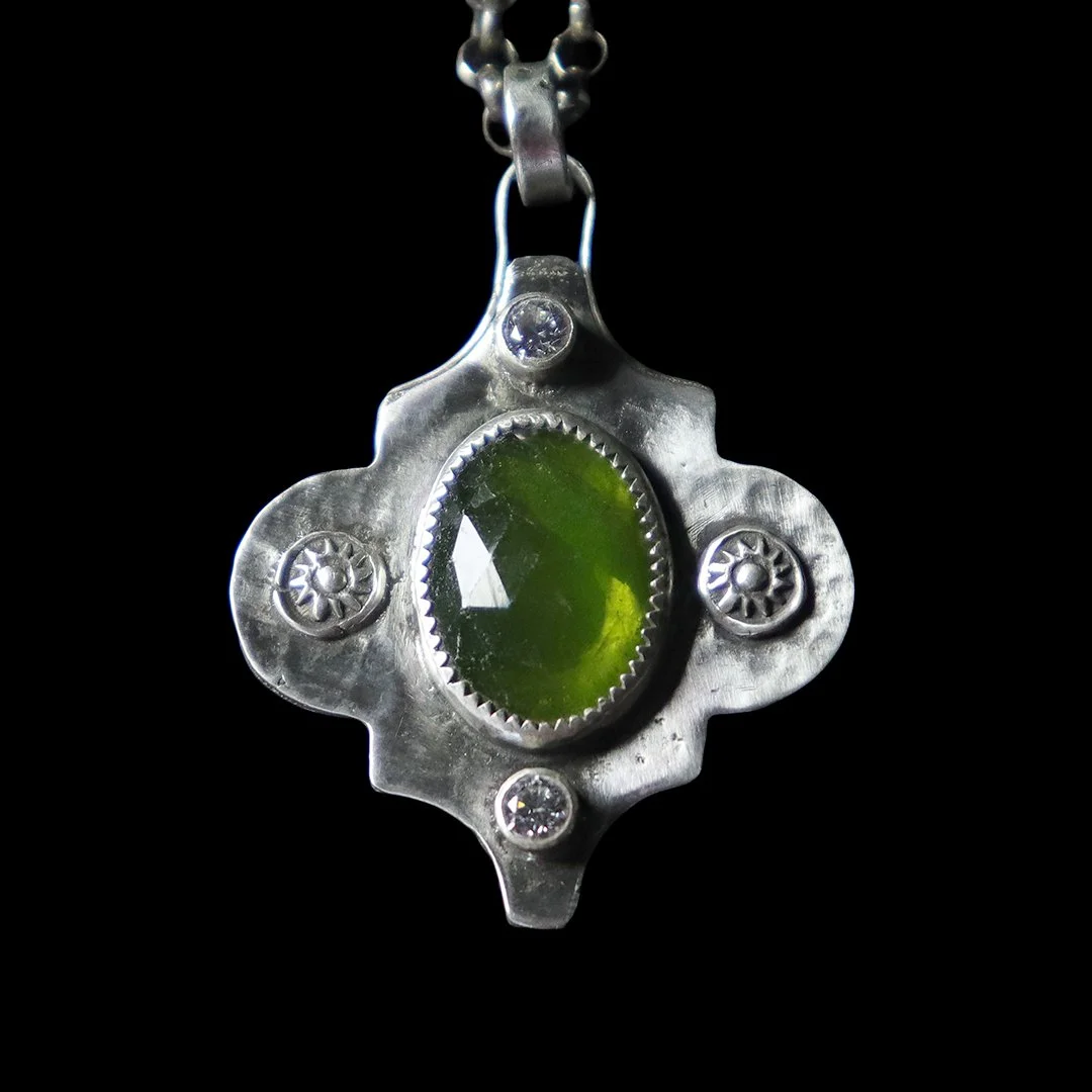 Sterling silver pendant with green vesuvianite and small cz accents