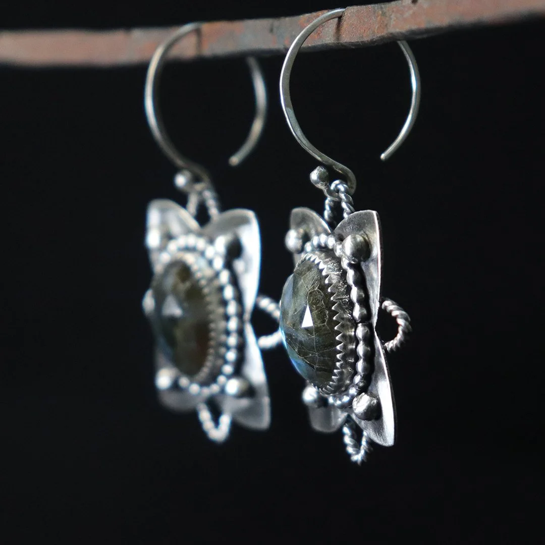Handcrafted sterling silver quatrefoil earrings with labradorite stones