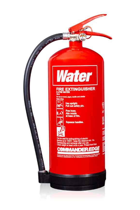 Red fire extinguisher labeled 'Water' indicating it is a water fire extinguisher, with instructions for use and a hose attached.