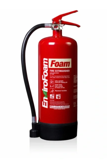 Red fire extinguisher with black hose and red handle, labeled Enlif foam fire extinguisher.