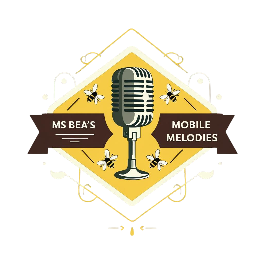 Logo for MS Bea's Mobile Melodies featuring a vintage microphone and bees on a yellow background.