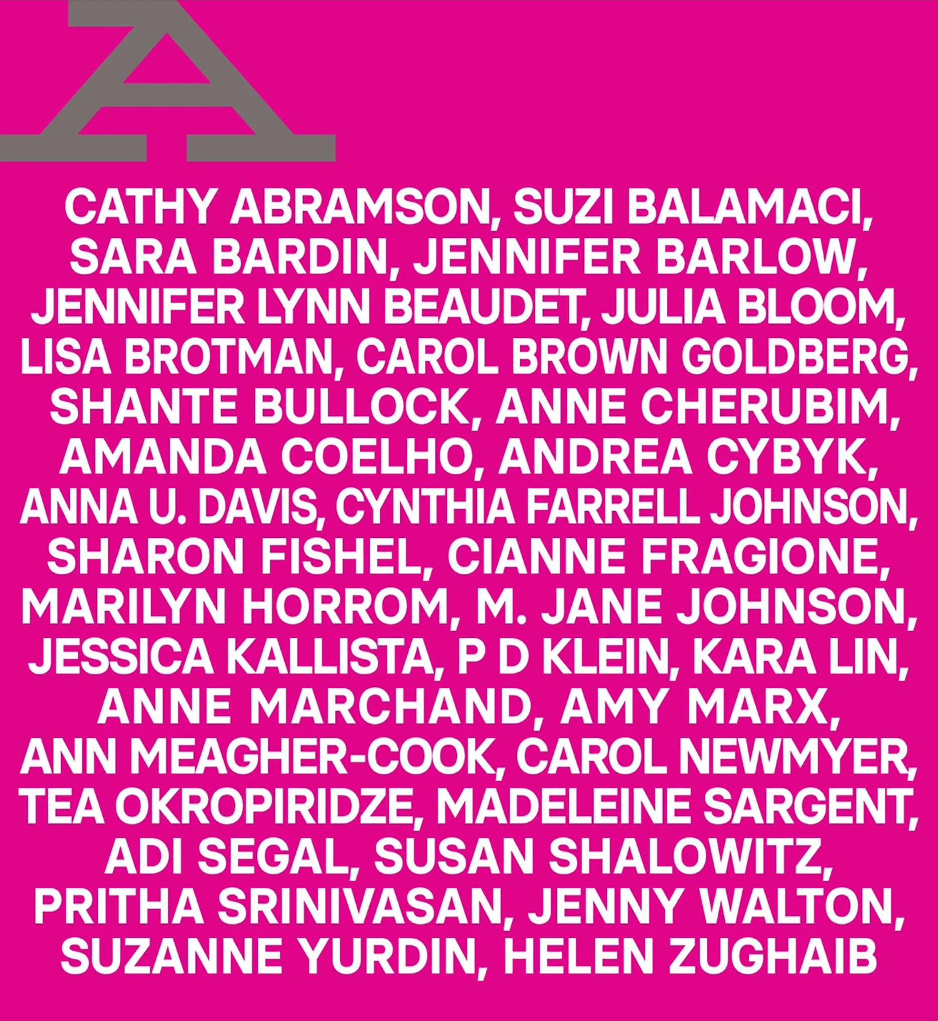 Pink background with a list of women's names in white text, including Cathy Abramson and Susan Shalowitz.